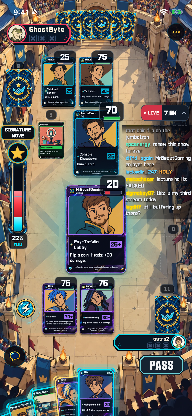A real Arena battle on the golden Crown board, with active creators, benched cards, and a hand of support cards.