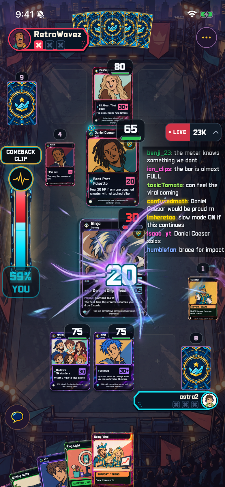 A real Arena battle on the rooftop board, with an attack striking Ninja for 20 damage.