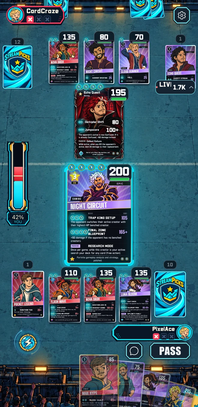 A native StreamPicks Arena battle with active creators, a bench, and support cards.