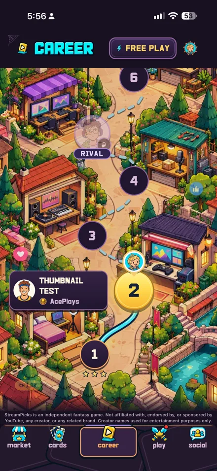 A real StreamPicks Career map with illustrated creator neighborhoods, stages, and a rival.
