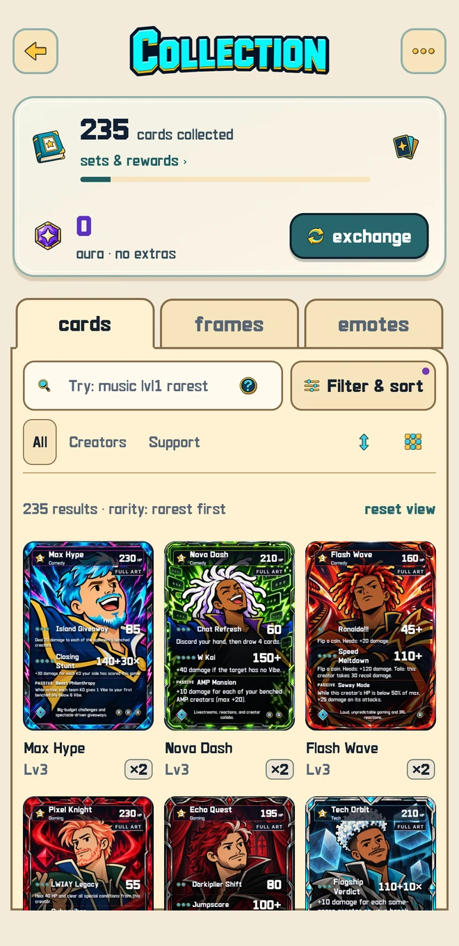 The actual collection screen with a fictional sample account and promotional creator display names.