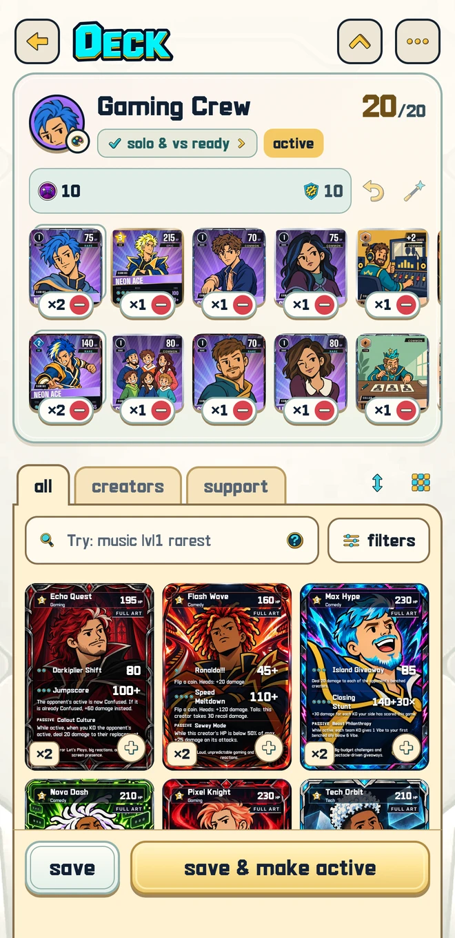 The actual My decks screen with a sample 20-card deck.
