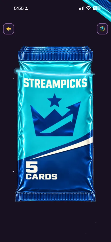 An actual sealed StreamPicks pack during pack opening.