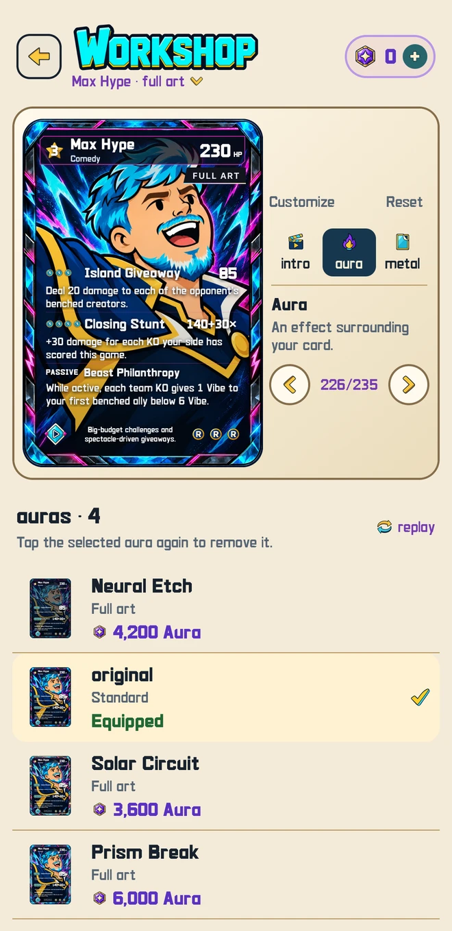 The actual Workshop screen showing a Full Art card and cosmetic aura choices with promotional display names.