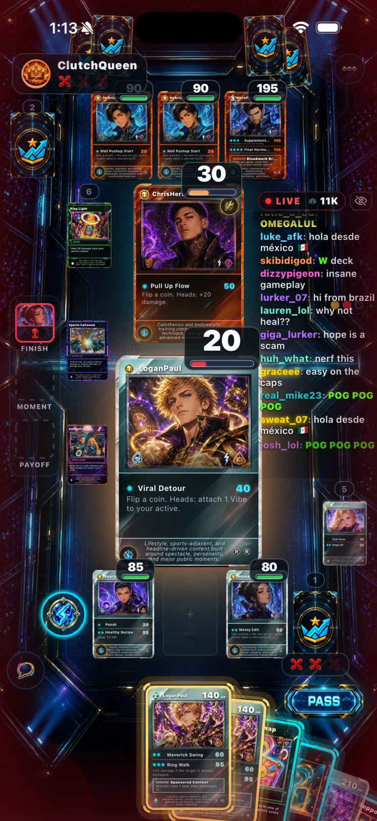 StreamPicks Arena — a live 1v1 creator card battle with real-time stream chat, creature cards, and damage.