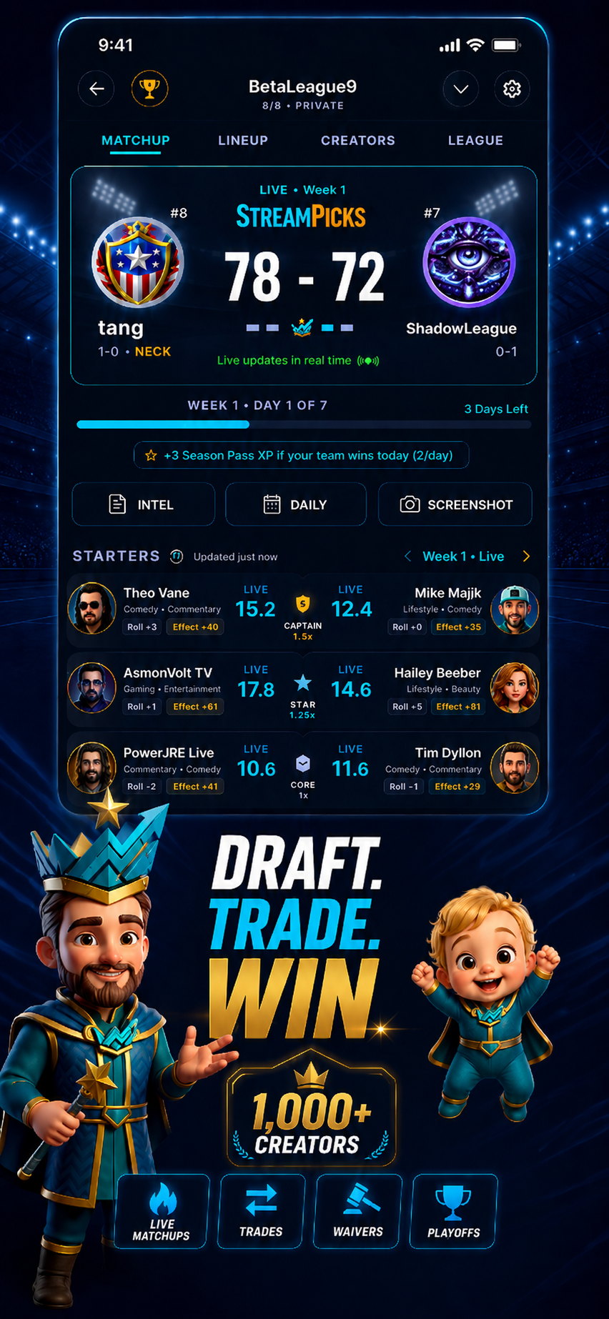 StreamPicks Leagues — draft, trade, and win across 1,000+ creators in live weekly matchups.