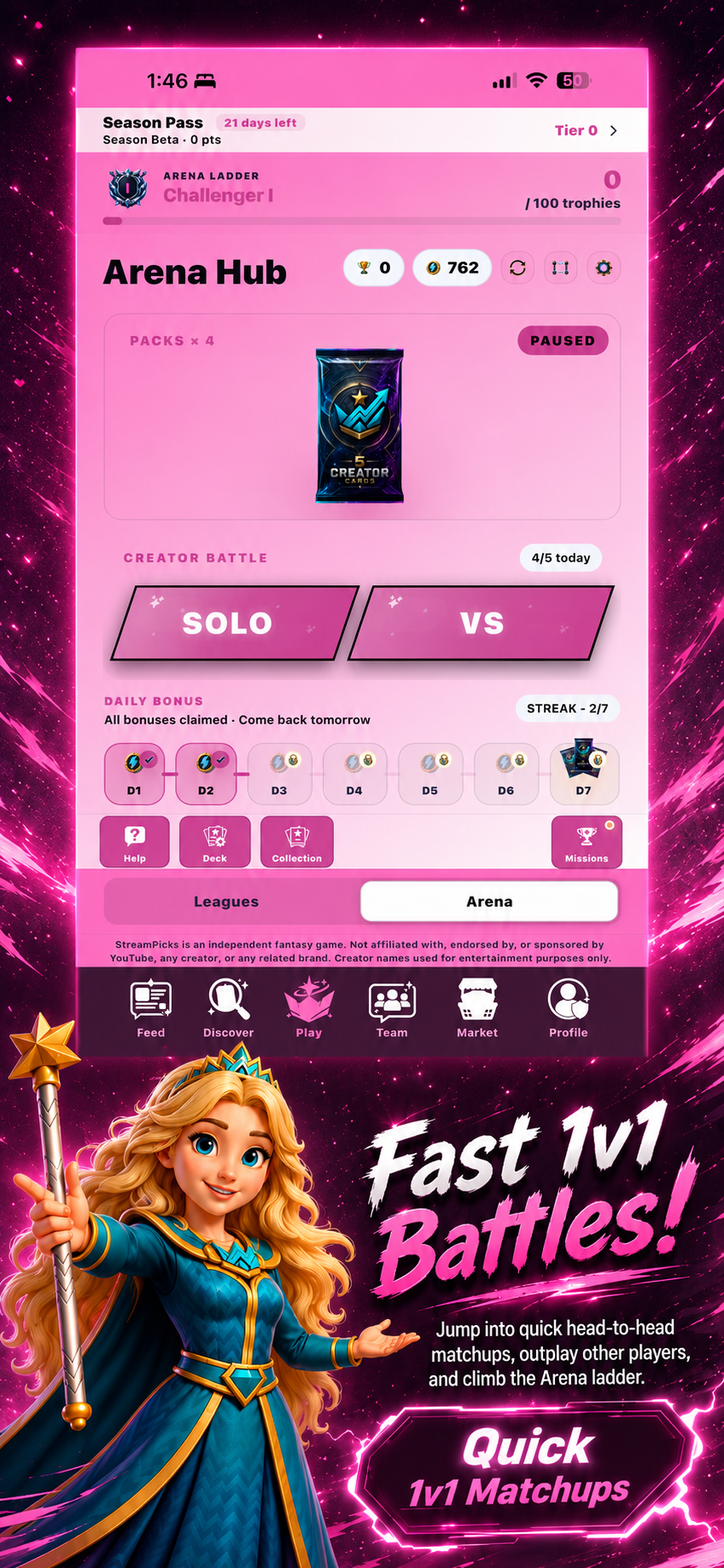 StreamPicks Arena — fast 1v1 head-to-head battles, Season Pass, and daily bonuses.