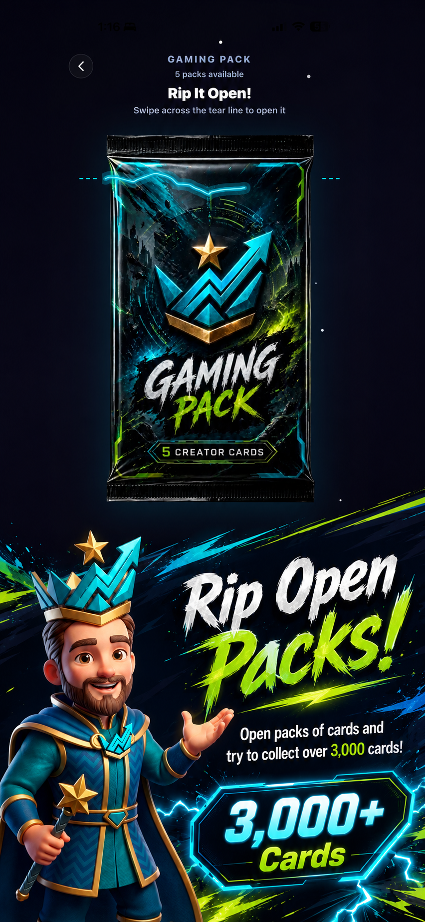 StreamPicks pack opening — rip open Gaming Packs to collect over 3,000 creator cards.